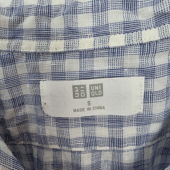 Uniqlo Blue White Gingham 100% Linen Button Up Coastal Long Sleeve Shirt Size S - Picture 4 of 7